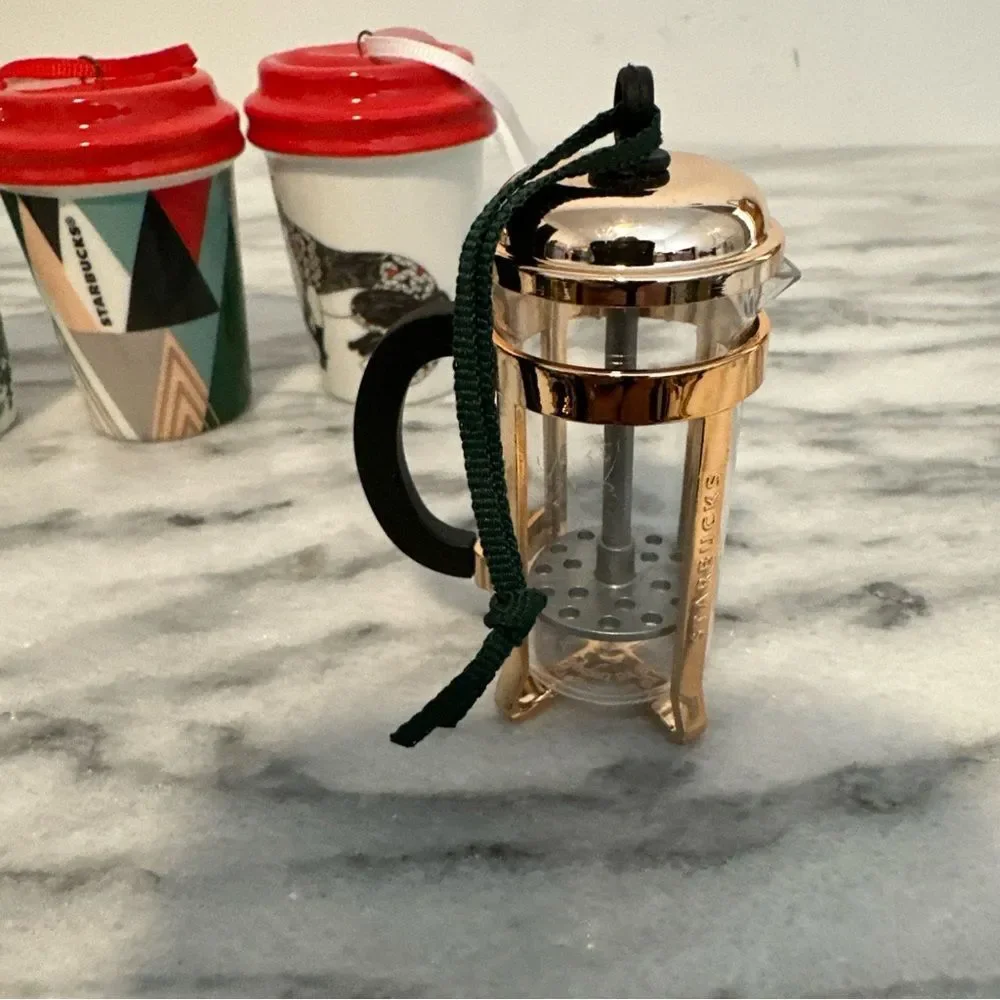 Starbucks Holiday Themed Mini Coffee Cup Ornaments Set of 4 Fox,Geometric, 2017